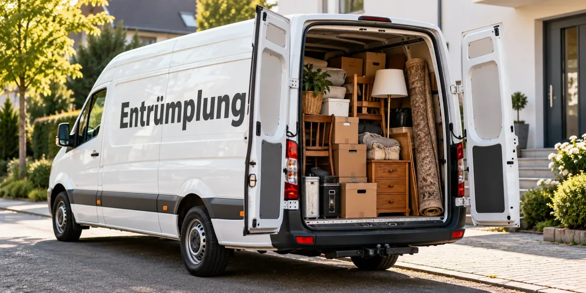 Transporter mit offenen Türen, beladen mit Möbeln und Kartons aus einer Entrümpelung